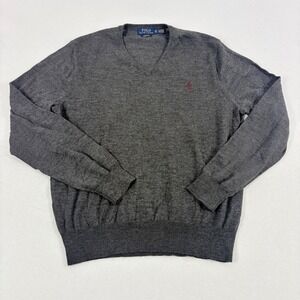 Polo Ralph Lauren VNeck Sweater Mens XL Gray Excellent Merino Wool Preppy Classy
